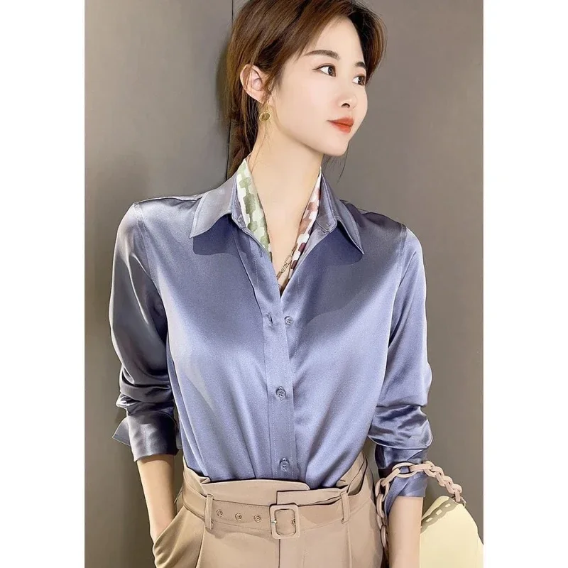 Brand Quality Luxury Office Lady Satin Shirts Women Autumn Winter Elegant Lapel Cardigan Plus Size Long Sleeve Blouses Silk Tops