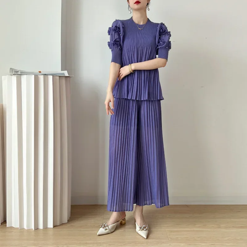 Miyake Pleated Summer 2023 Temperament Two Piece Set Slim Nail Beads Short Sleeve Top Loose Casual Wide Leg Pants Set