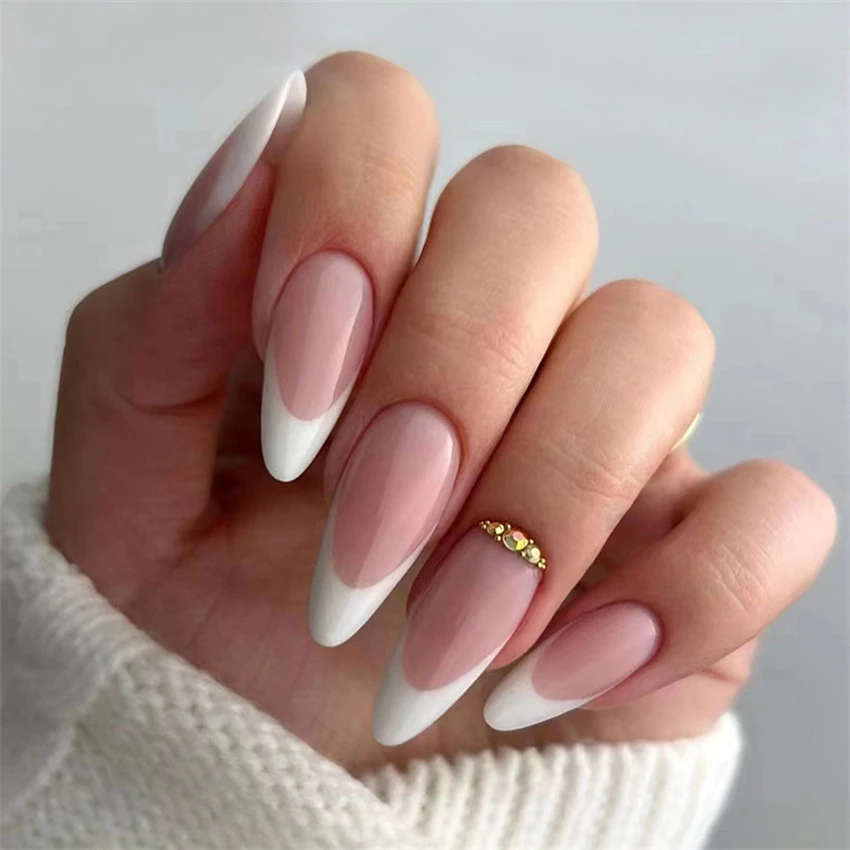 

24Pcs/Set Medium Long Almond Fake Nails with Diamonds White Edge Oval Shiny Artificial Removable Reusable Press on Acrylic Nails