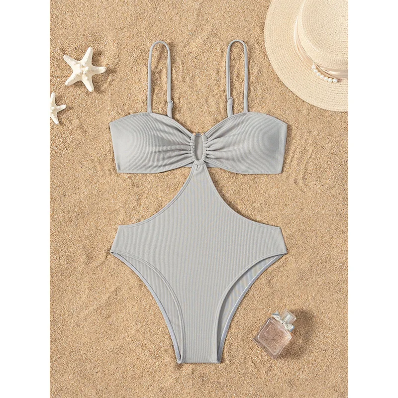 여름 V 넥 솔리드 그레이 수영복 섹시한 코르셋 스트랩 원피스 비키니 세트 하이 웨이스트 바디 슈트 비치 수영복 여성 의류