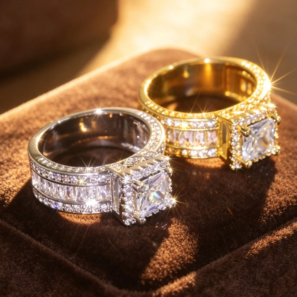 2 Pieces/Set Shiny Synthetic Zirconia Ring Couple Ring Men's and Women's Wedding Engagement Ring Commitment Ring Exquisite Elegance Suitable for Party Wear Holiday Gifts