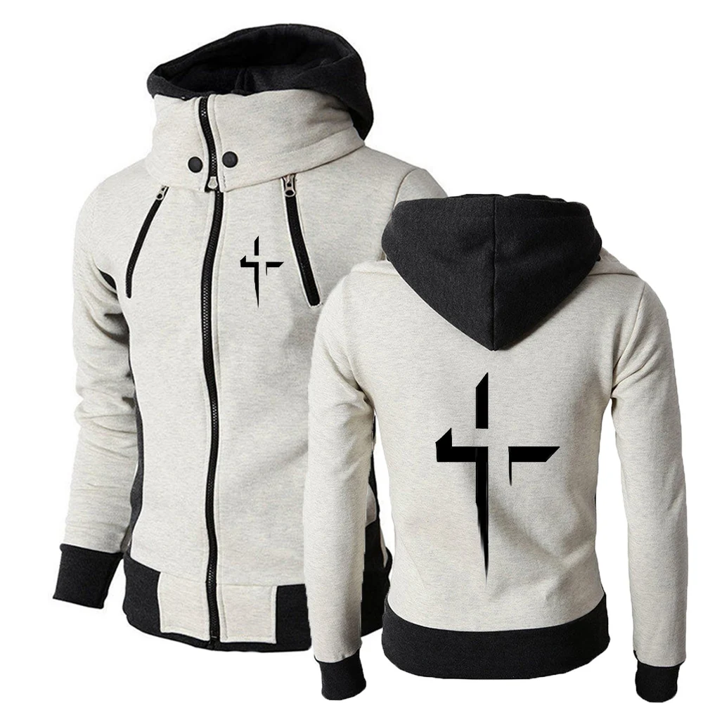 2026 New Style Men Spring Autumn Harajuku Cross Creative High-quality Three-color Causal Zipper Hoodie Comfortable Cotton Coat