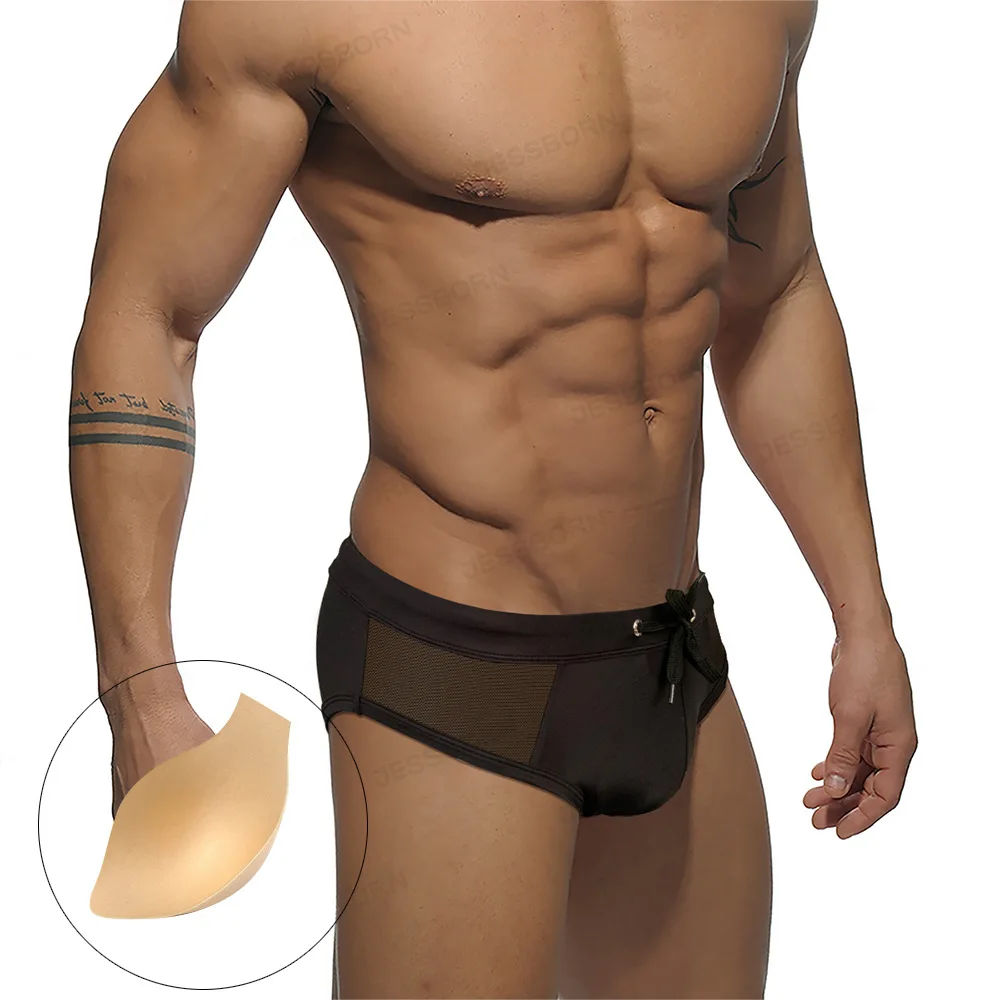 High Quality Mesh Spliced Men's Swimming Trunks Summer Swimwear Quick Dry Swimsuits Briefs Surffing Bathing Suit Beach Shorts