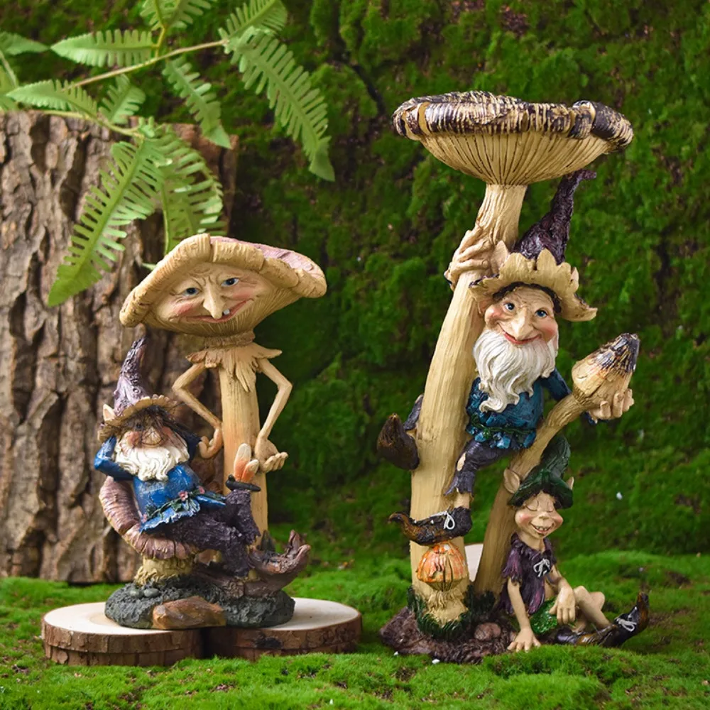 Creative Resin Gnome Mushroom Elf Sculpture Ornaments Outdoor Courtyard Balcony Tabletop Figure Statue Crafts Garden Decoration