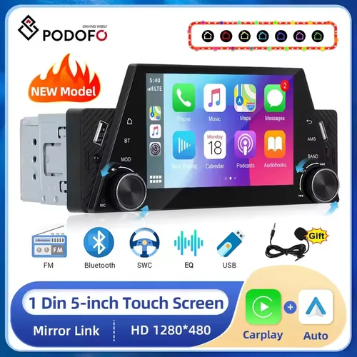 Podofo 1din Carplay Android auto reproductor Multimedia para coche con pantalla de navegación automática Mirrorlink reproductor MP5 de 5 pulgadas BT/FM