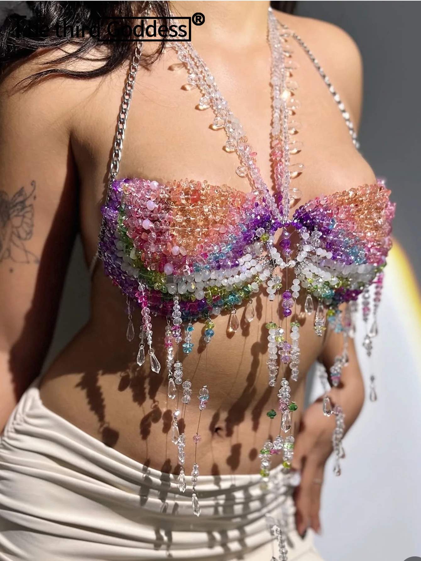 Sexy see through metal rhinestone halter tank top women summer club party crop top woman clothing beach rave oufit cropped tops