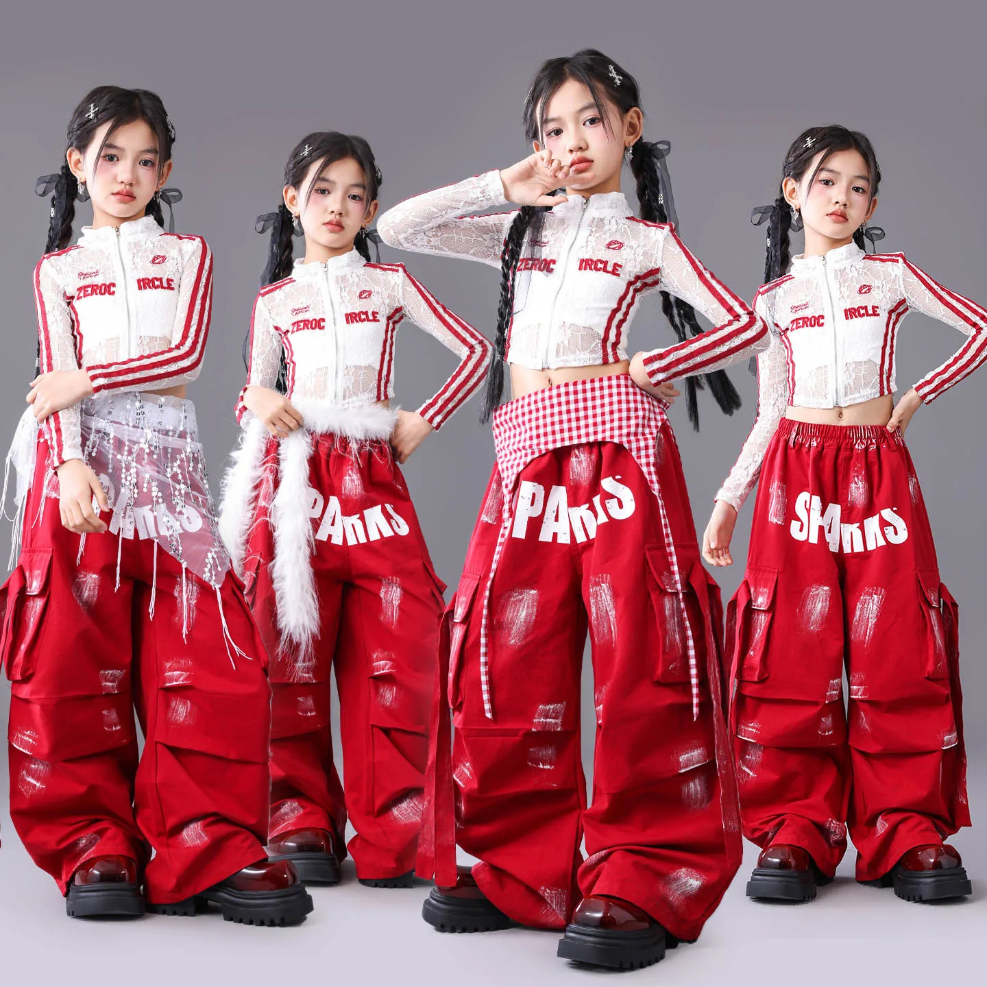 

Костюм для джазовых танцев для девочек: укороченный топ с кружевом, красные брюки-карго в клетку, модная одежда, детский сценический костюм