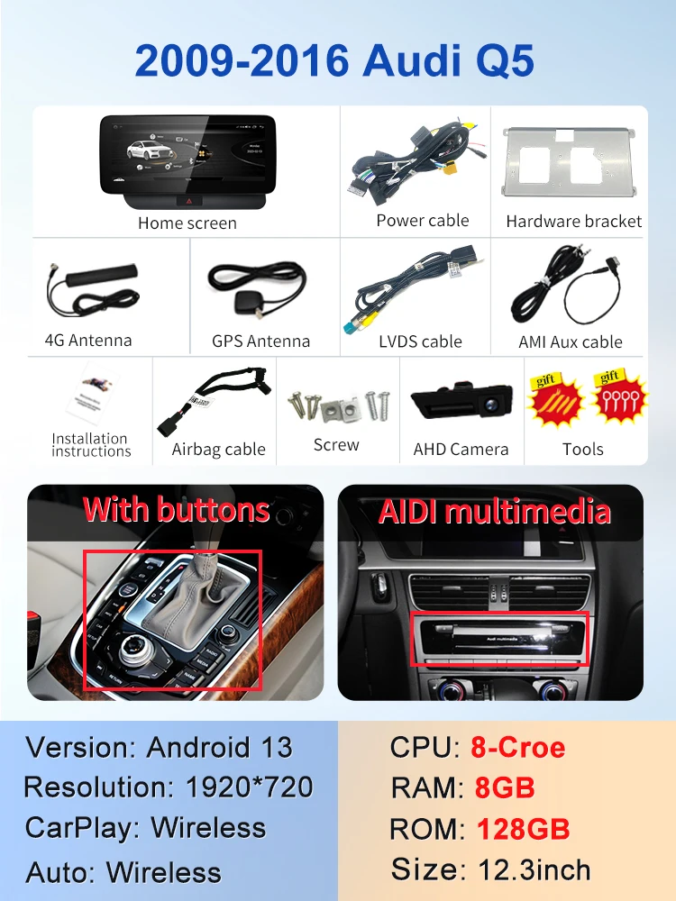 STWEI Fabrieks Prijs 8G 64G Android14 12.3 inch Carplay AUTO Voor AUDI 09-16 Q5 Auto Videospeler GPS Navigatie Bluetooth Android Radio