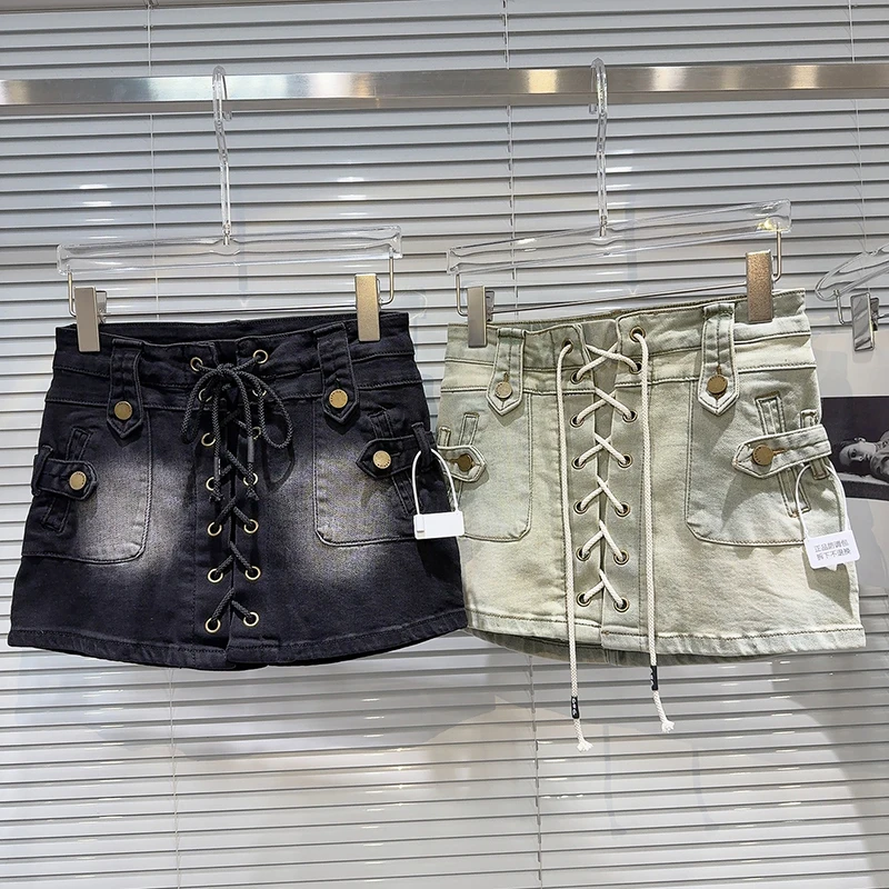 2025 summer women new street drawstring strap design short skirt A-line skirt sweet cool spicy girl fashion denim skirt