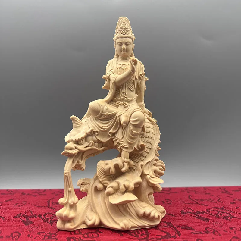

Boxwood Carved Guanyin on Ao Fish Statue - "Avalokitesvara" Bodhisattva Sculpture for Luck Turning & Blessing, Home Altar Center