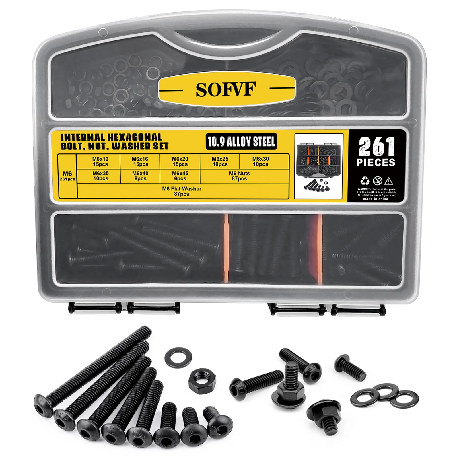 261Pcs Push-Button Hex Screw, Black Oxide, Allen Drive, Hex Screw, Nut, Washer Sorting Kit, For Wood, Bicycle Repair