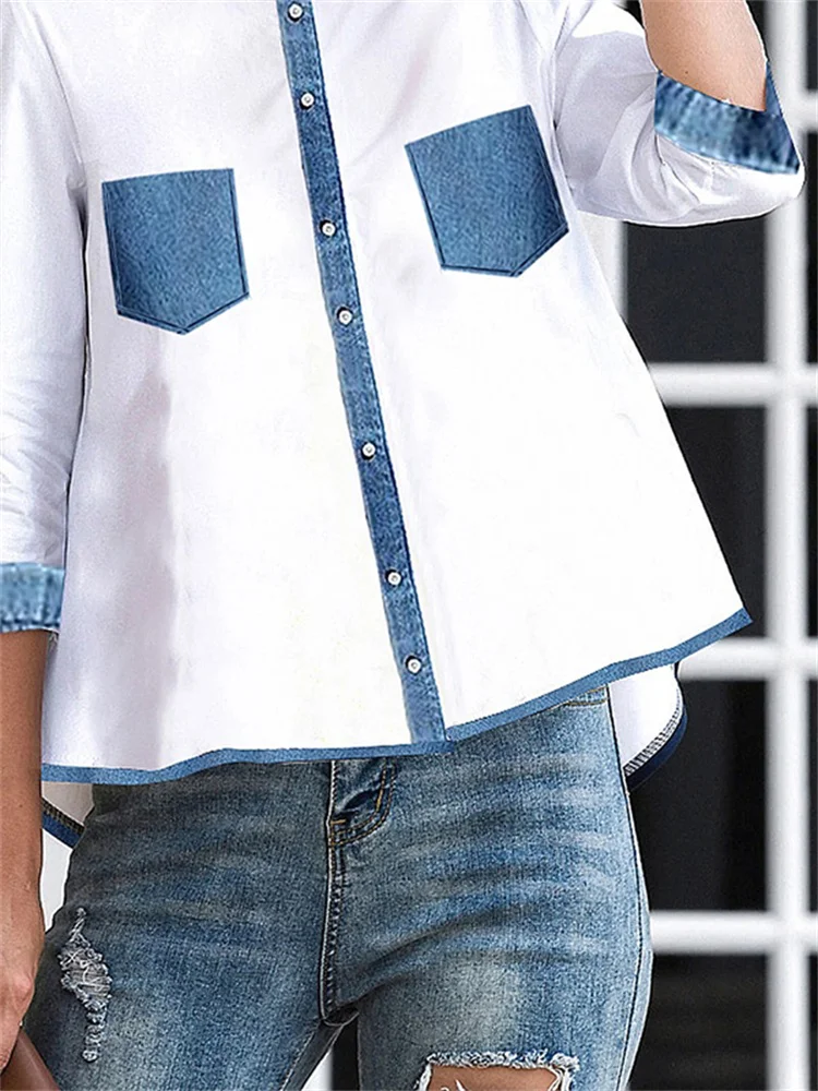   Damesmode A-lijn blouses met contrasterende kleuren Losse hoog-laag opstaande kraag met knopen Casual dagelijkse shirts Tops
