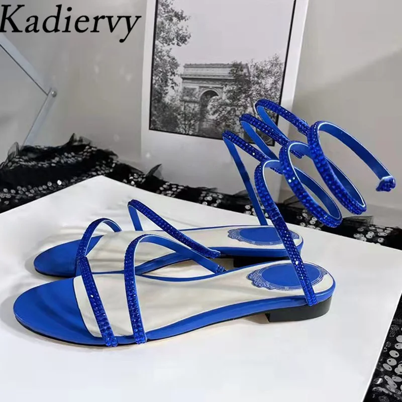 

2024 New Gladiator Sandals Women Rhinestone Ankle Snake Twine Around Wedding Party Shoes Ladies Summer Flat Sandalias Woman