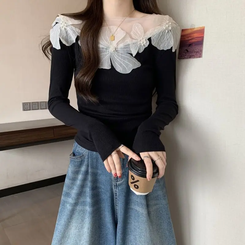 

Black Slim 3D Floral Print Long-Sleeve T-Shirt Women Tops Y2K Aesthetic Clothes Design Trends Short Tops T Shirts Kawaii Shirts