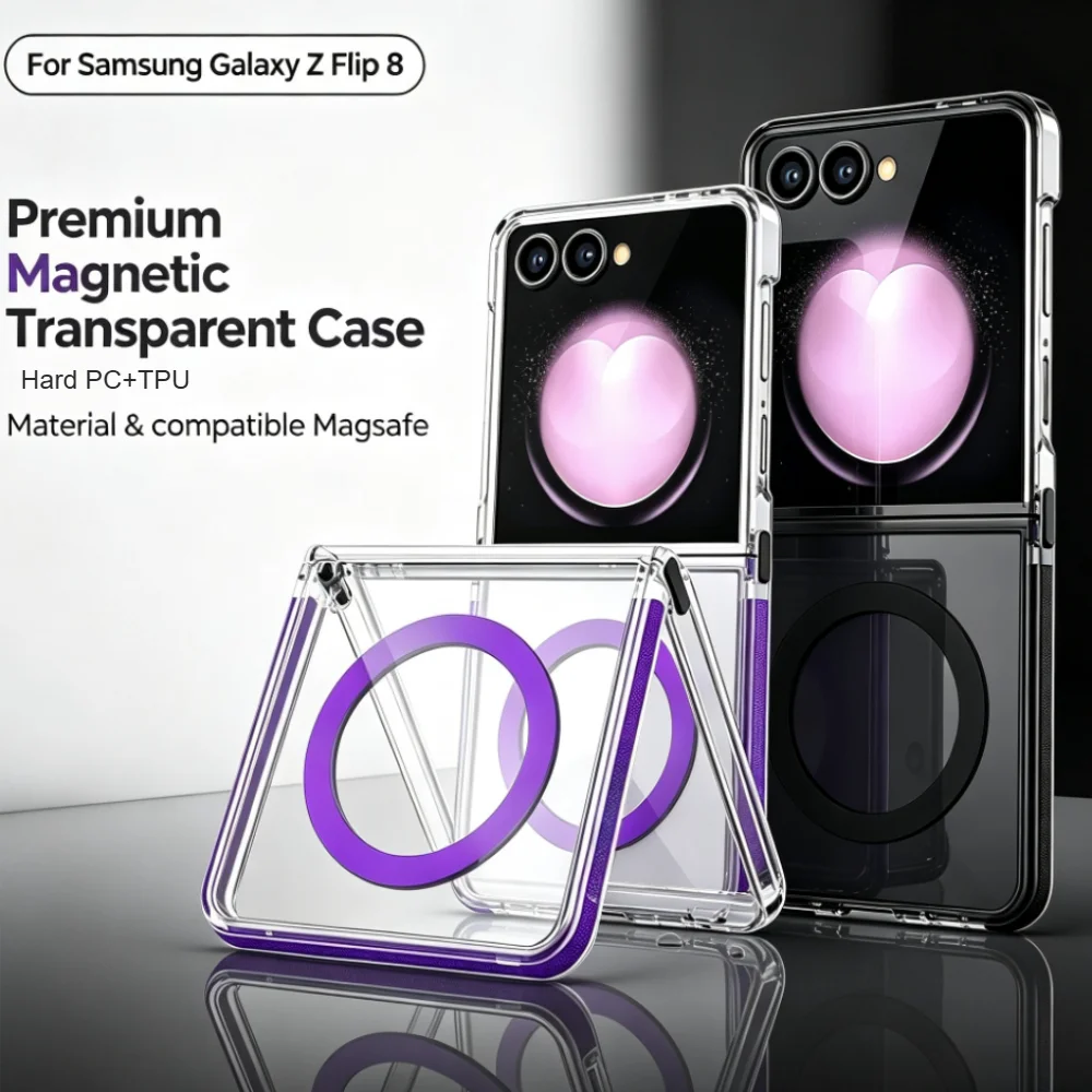 Luxury Transparent Magnetic Case for Samsung Galaxy Z Flip 8 7 FE 6 5 4 for Magsafe Hard PC+TPU Shockproof Protective Cover