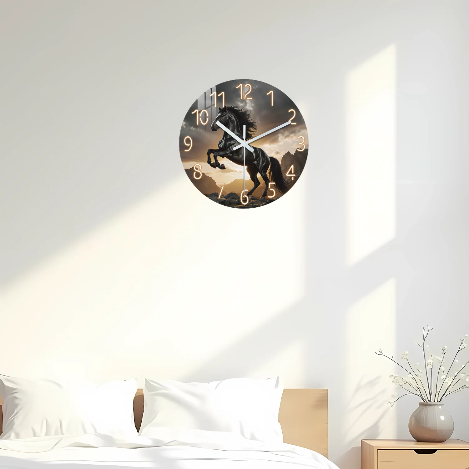 Horse and Sunset Pattern Wooden Wall Clock, 10-24inch Silent Wall Clocks, Aa Battery Powered, Suitable for Living Room, Bedroom, Office, (Batteries Not Included) (Mother's Day, Easter, April Fool's Day)