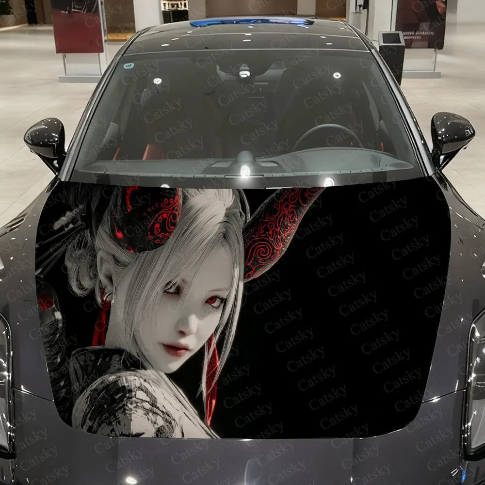 

Crimson Horned Maiden Car Vinyl Wrap, PVC Waterproof Car Hood Sticker, Self-Adhesive Scratch-Resistant Stickers for Engine Cover