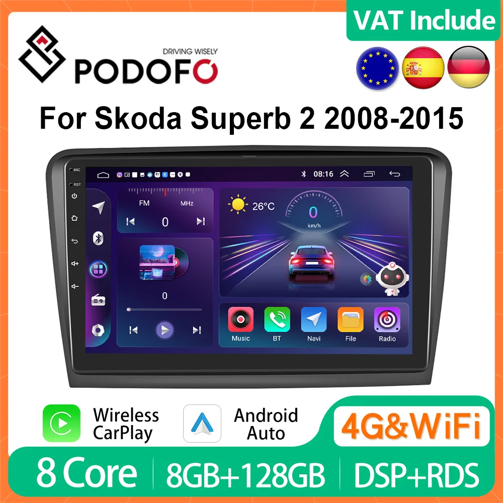 Podofo 4G CarPlay Android Auto For Skoda Superb 2 2008 - 2015 Android RadioCar Multimedia Video Players 2Din Head Unit DSP RDS