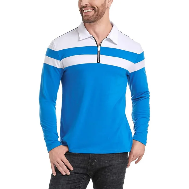 Men's Long Sleeve Striped Polo Shirts 1/4 Zip Cotton Patchwork Collared Shirt Casual Fashion Pullover Slim Fit Golf Shirt image 4