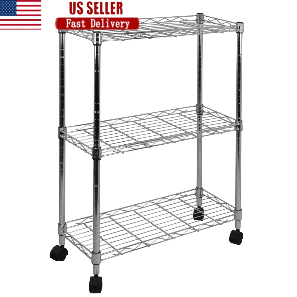 

3-Tier Chrome Utility Cart Adjustable Shelving Rolling Storage Cart with Raised Borders Durable Steel Easy Assembly Home Office