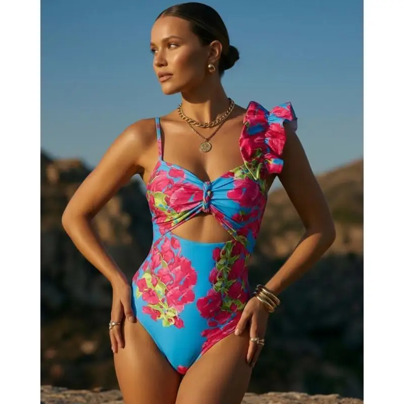 Flaxmaker 2026 One Piece Swimsuit Ruffle Removable Shoulder Strap Pink Bougainvillea Flower Print Beachwear Biquini conjunto de
