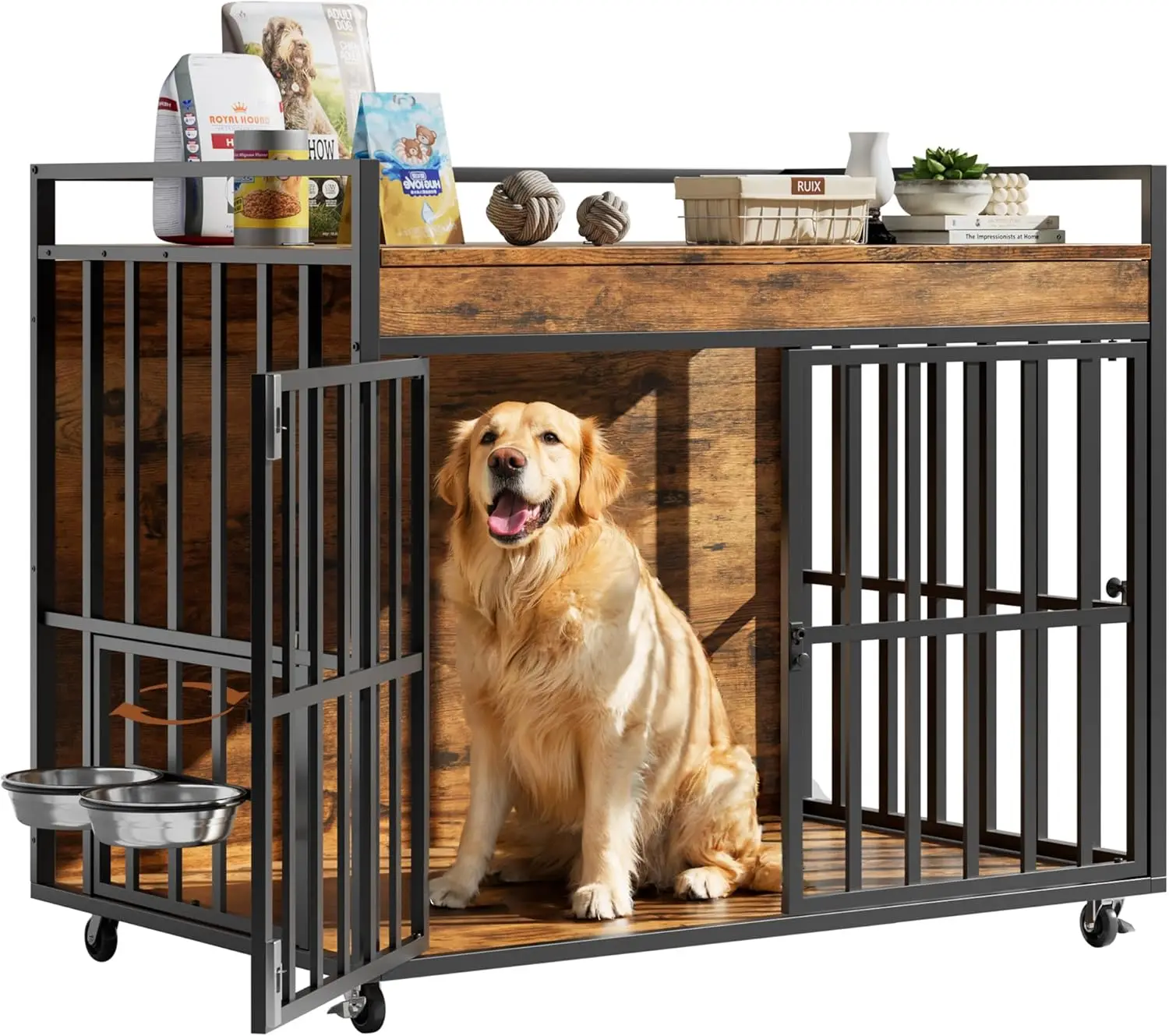

41 Inch Dog Crate Furniture, Heavy Duty Dog Kennel with 3 Doors, 2 Adjustable Bowls and Lockable Wheels, Wooden Dog House for La