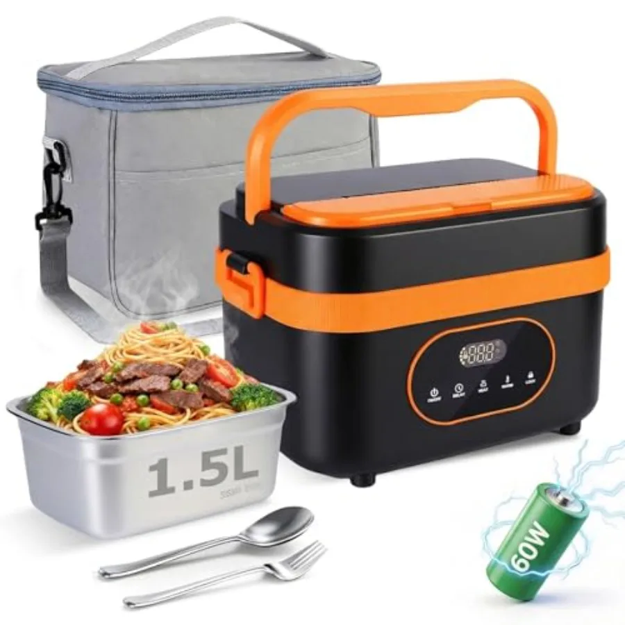 

Cordless Electric Lunch Box for Outdoor, Work, Office, Camping: 1.5L Large Capacity Heated Lunch Box, Stainless Steel, Black, 2