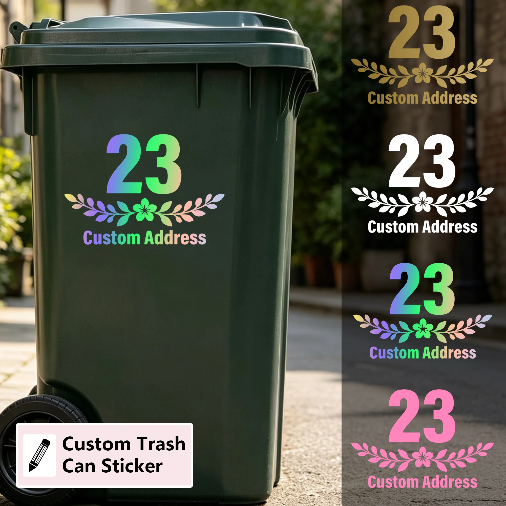 2pcs Custom Home Decor Personalized Trash Can Stickers Address Numbers Floral Self Adhesive Removable Waterproof Decals