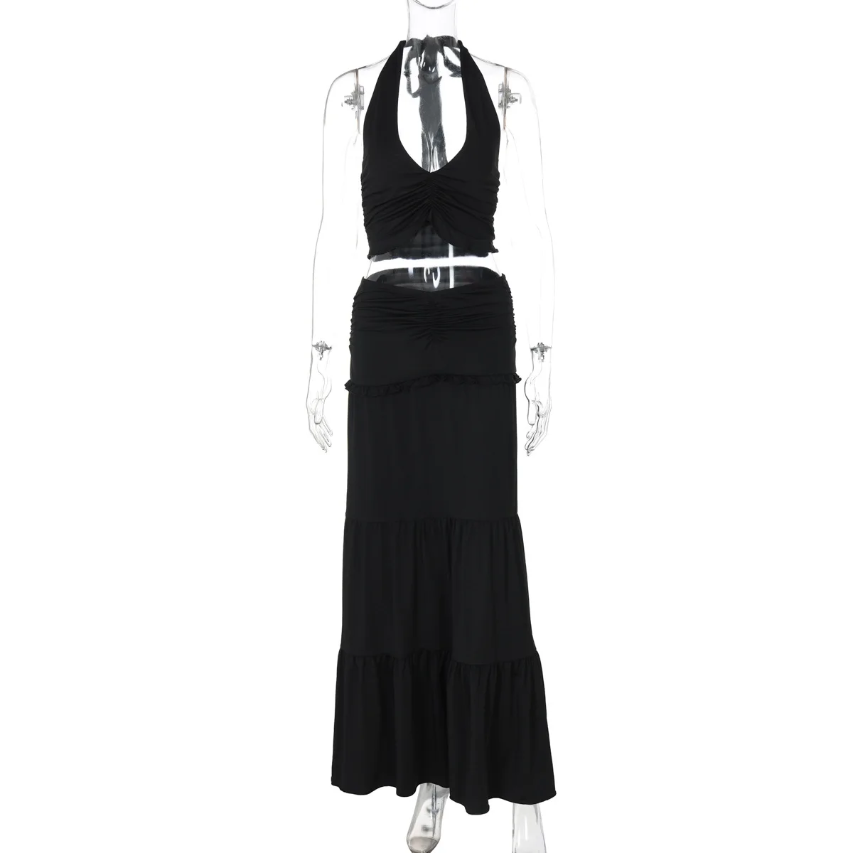 Feminino sólido babados ruched 2 peça conjunto com decote em v rendas até halter sem costas tanque colheita topos + a linha saias longas roupas de férias terno