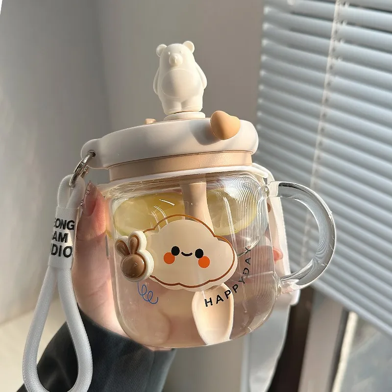 

700ML Cute Bear Glass Water Cup With Handle Lid Jumbo Stirring Straw Juice Cups Portable Coffee Milk Double Drinking Mug Bottles