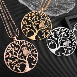3 Colors Exquisite Round Hollow Tree of Life Pendant Set for Women Girl Exquisite Rhinestone Inlaid Owl Pendant Necklace Jewelry