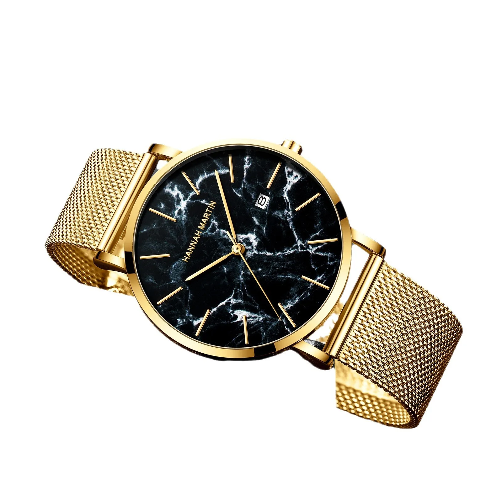 Мужские деловые часы с японским механизмом — мраморный текстурированный циферблат, дата, тонкие и легкие