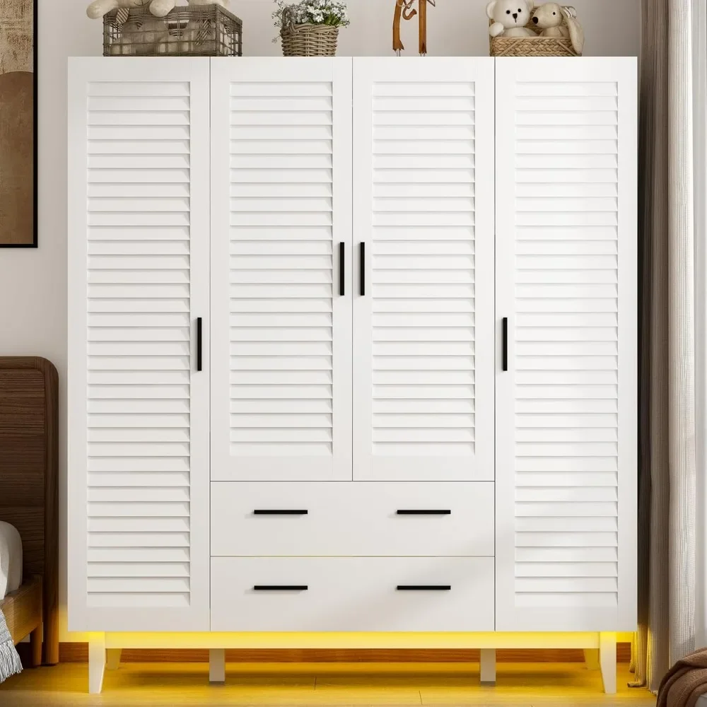 Armoire Wardrobe Closet Cabinet with Drawers and LED Lights, Shelves, Hanging Rod & Louver Doors