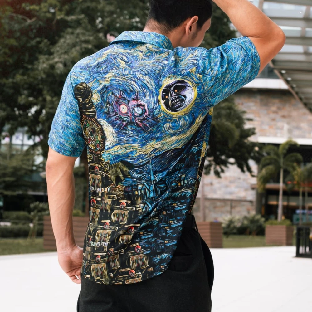 Zelda Majora's Mask Starry Night Print Men Hawaiian Short Sleeve Camp Collar Game Art Casual Beach Shirt