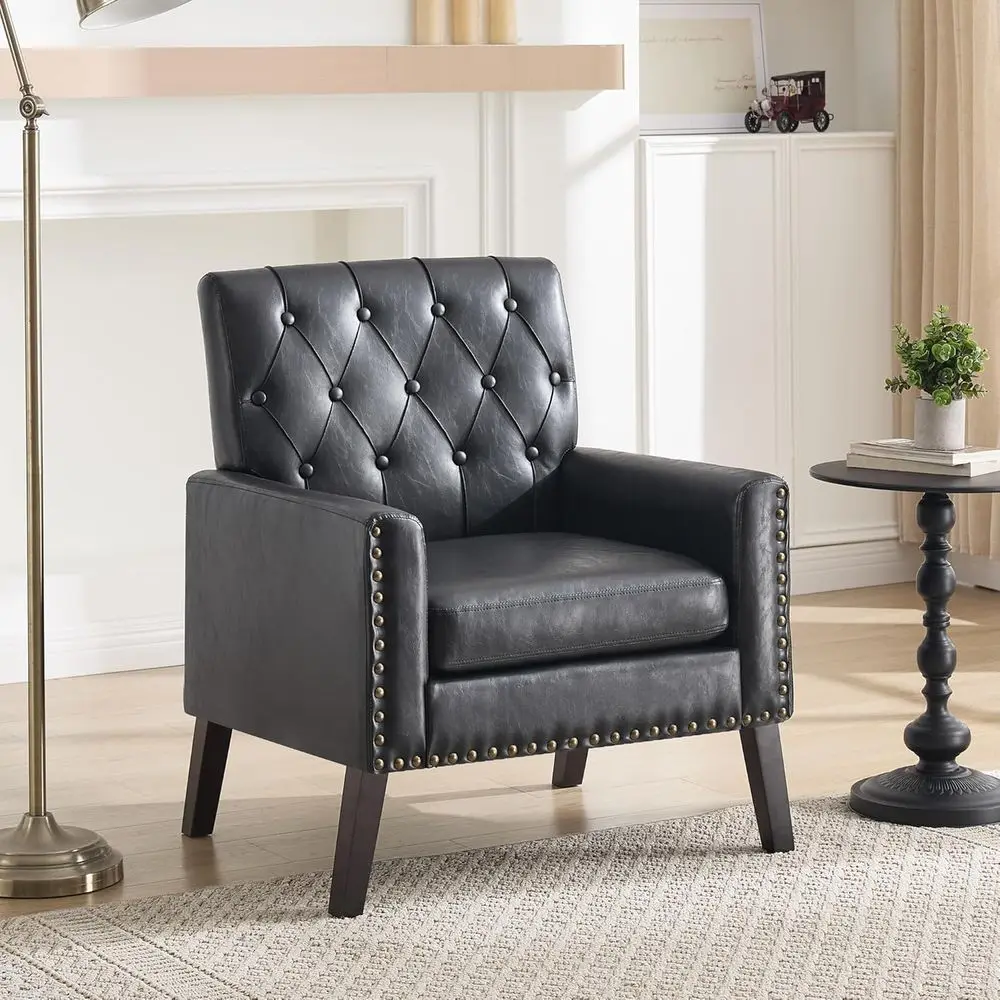 

Accent Chair in Black with Leather and Fabric Upholstery, Suitable for Living Room, Bedroom, or Waiting Area