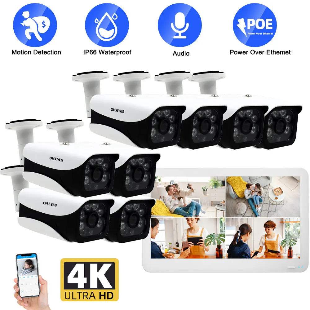 

8CH 8MP 4K HD POE NVR Kit Outdoor Waterproof Bullet CCTV Security Camera System with LCD Screen XMEYE P2P Wifi Remote View 4CH