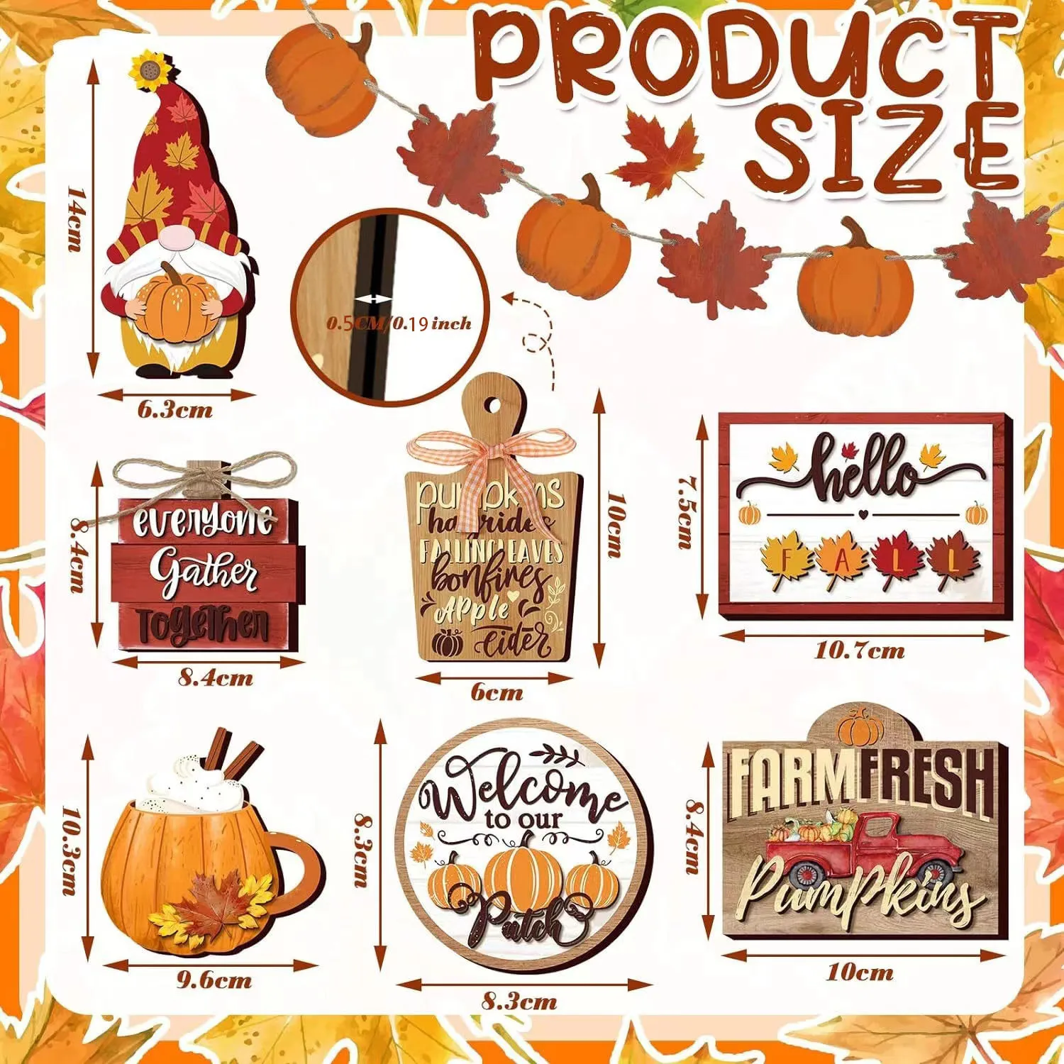 13Pcs Thanksgiving Fall Tiered Tray Decorations Set  Autumn Harvest Wooden Signs Fall Blocks Maple Leaf Pumpkin Tabletop Signs