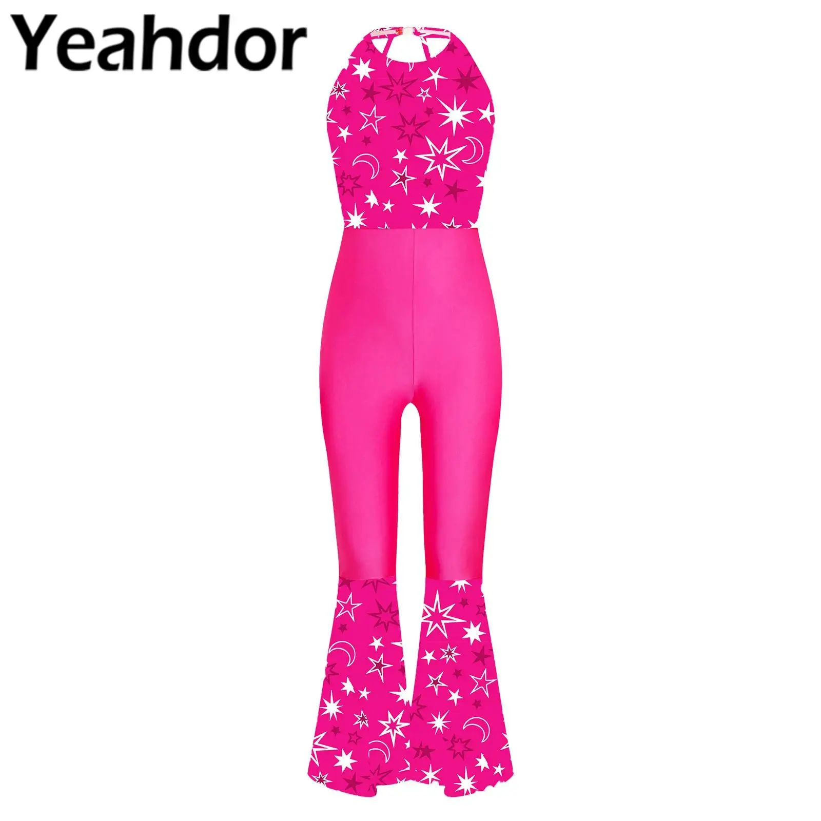 Kids Girls 70s Retro Hippie Disco Jumpsuit Halloween Carnival Fancy Theme Party Jazz Dance Costume Sleeveless Bell Bottom Pants