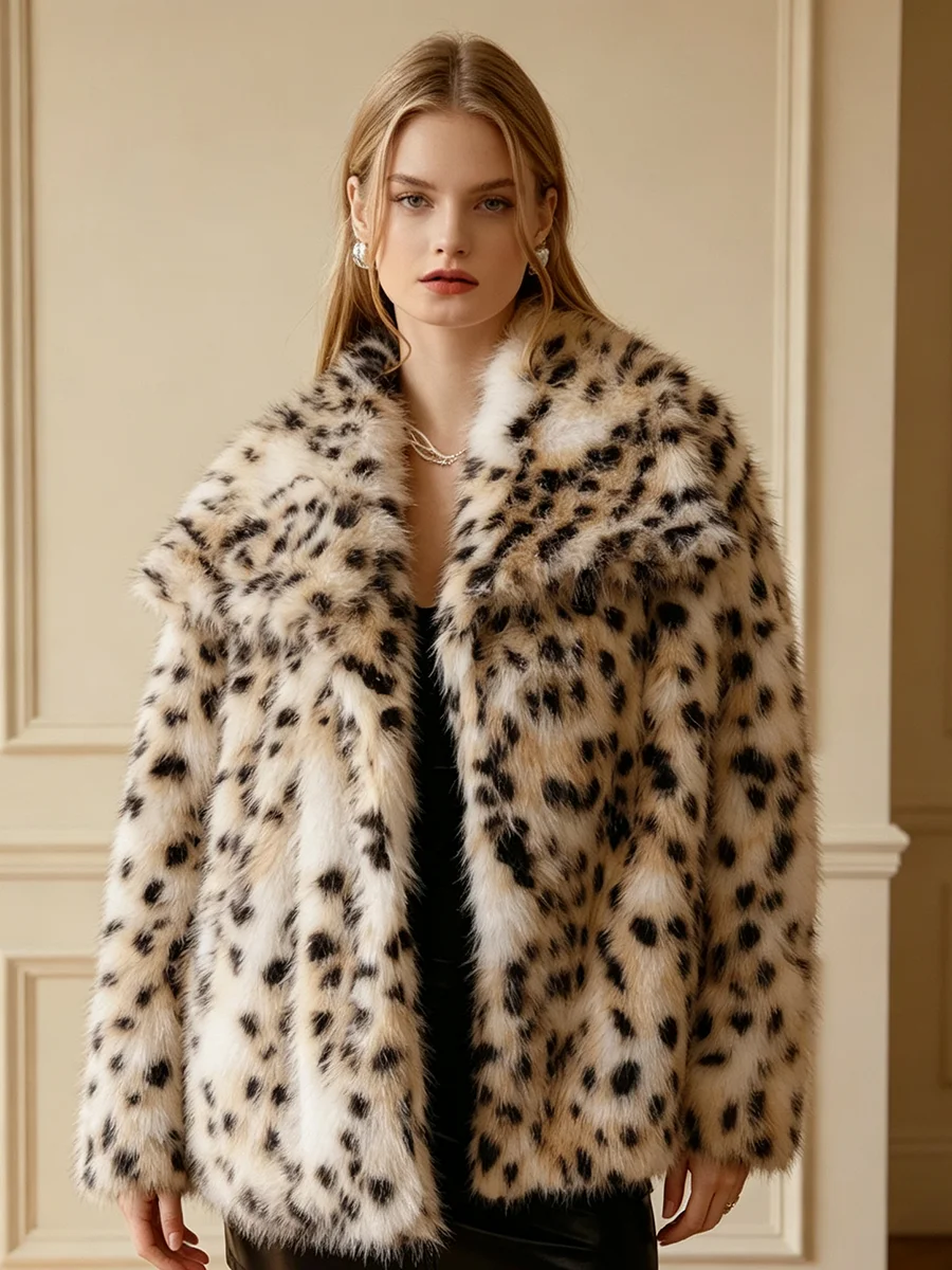 Women Leopard Print Faux Fur Short Coat  Warm Winter Fashion Ladies Fluffy Outerwear Jacket