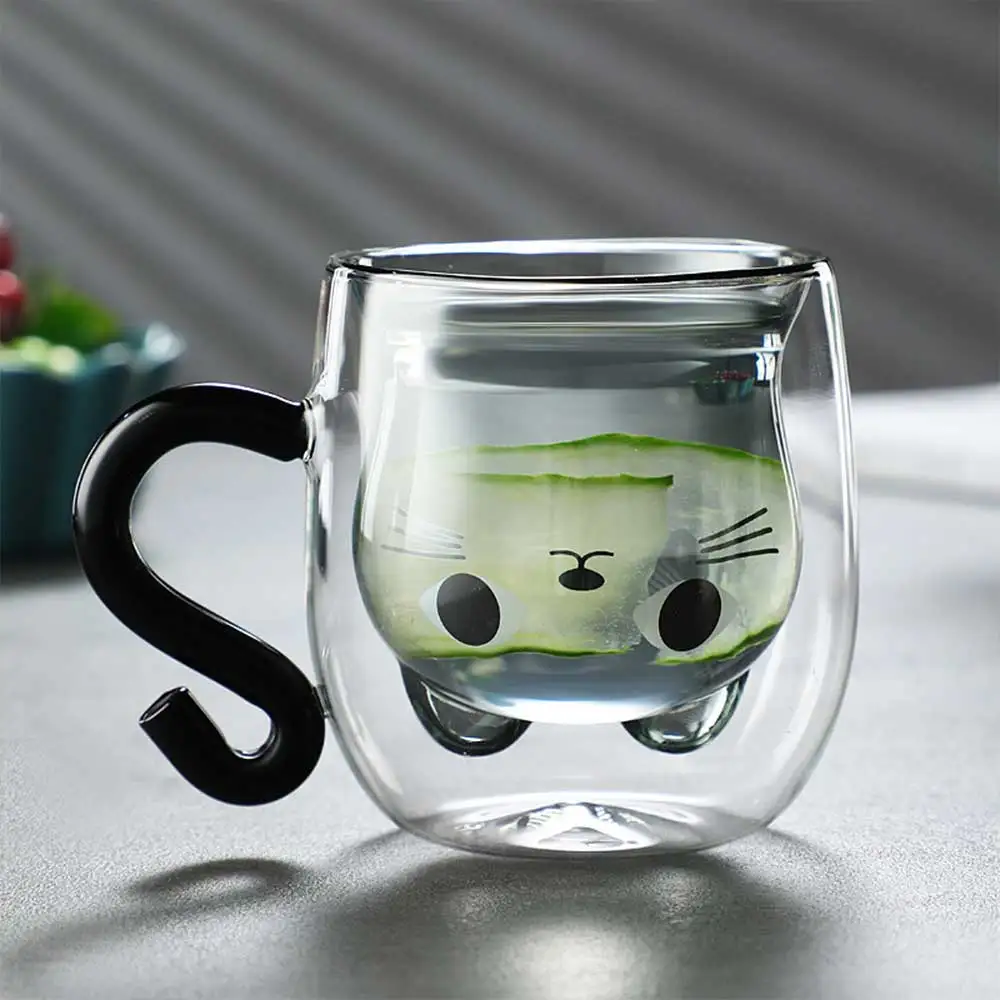 

250ml Creative Cute Cat Double-layer Coffee Mug Heat-resistant Milk Tea Juice Water Glass Cup With Handle for Home Office