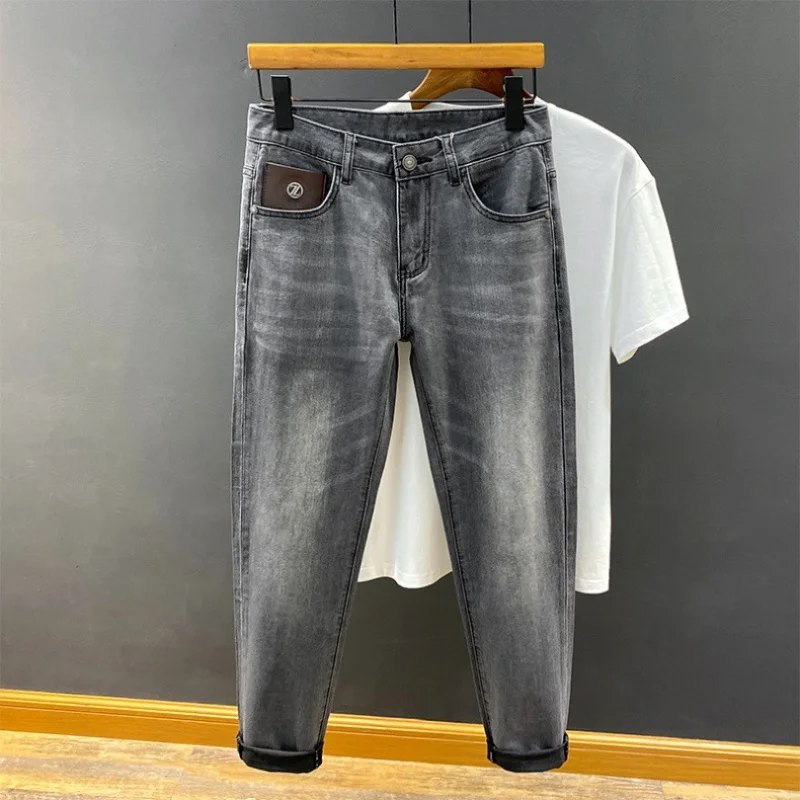 

Summer Thin Black Gray Jeans Men's Slim Fit Feet Simple and High-End Men's Stretch Comfortable Breathable All-Matching Long Pant