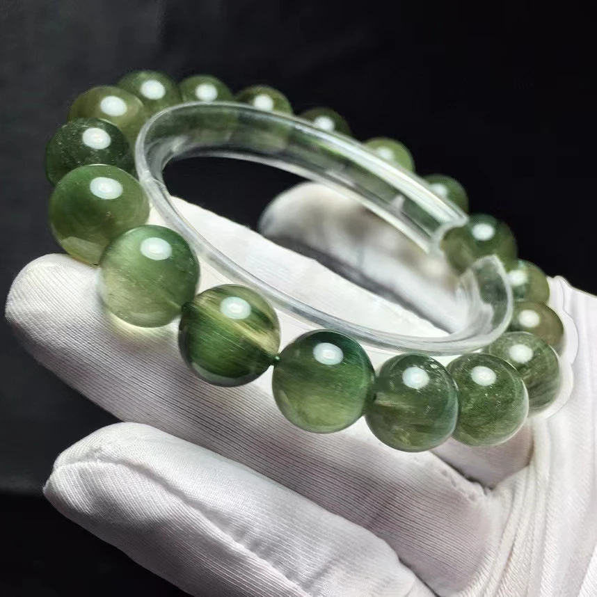 Natural Green Rutilated Quartz Clear Round Beads Bracelet 11.3mm Women Men Cat Eye Wealthy Stone Genuine AAAAAA