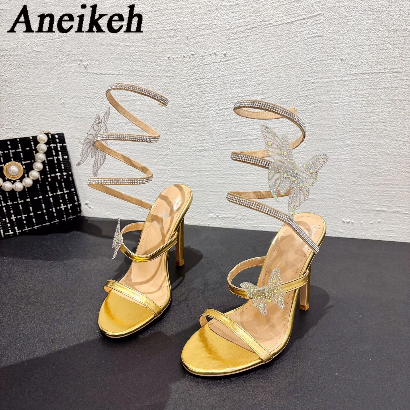 Aneikeh Summer Sexy Water Diamond Slim Heel Diamond Butterfly Fashion Sandals High Heels Women Slides Slip-On Party Pumps Shoes