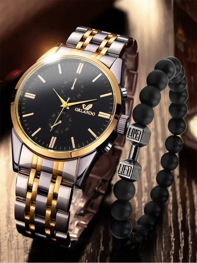 2PCs Fashion Business Big Dial Men's Room Gold Steel Band Quartz Wristwatch with Dumbbell Bead String Bracelet Set