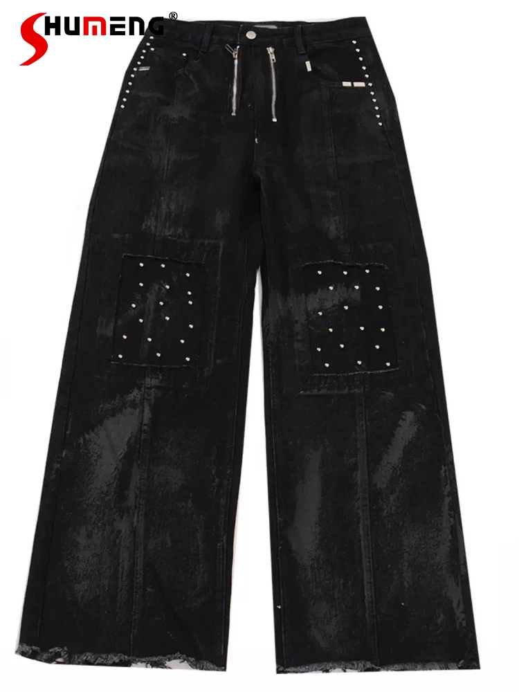 

Men's 2025 Summer New Fashion Loose Wide-leg Denim Trousers Masculinity Niche Design Rivet Metal Jeans Male Trendy Denim Pants