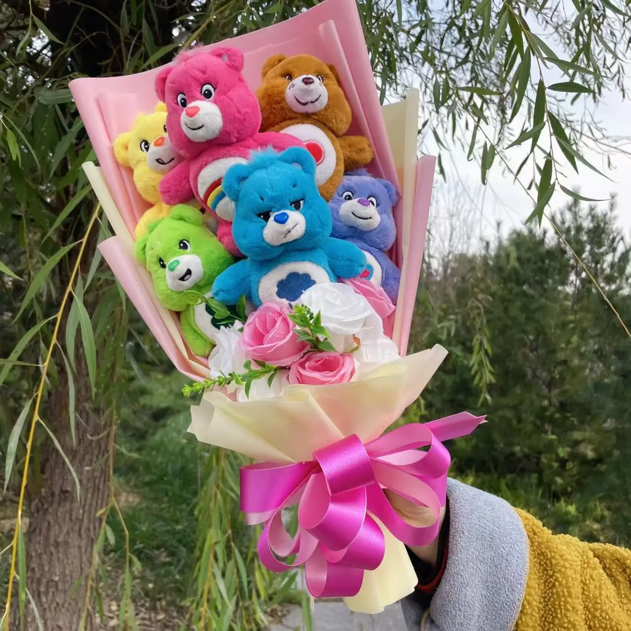 Kawaii Care Bear Plush Doll Handmade Flower Bouquets Stuffed Animals For Kids Christmas Valentine Birthday Gifts