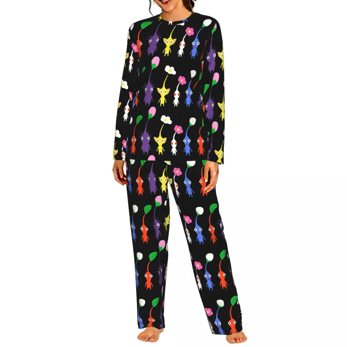 Game Kawaii Pikmin Cartoon Animation Round Neck Long Sleeves Nightdress for Sleeping Sleepshirt Women Loose Pajama Set Long Pant
