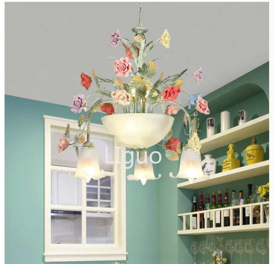 Art Floral Chandelier lamp Lustre Light 7L/10L Colorful Ceramic Rose Pendant Chandelier Light Fixture E14 LED AC Home Decoration