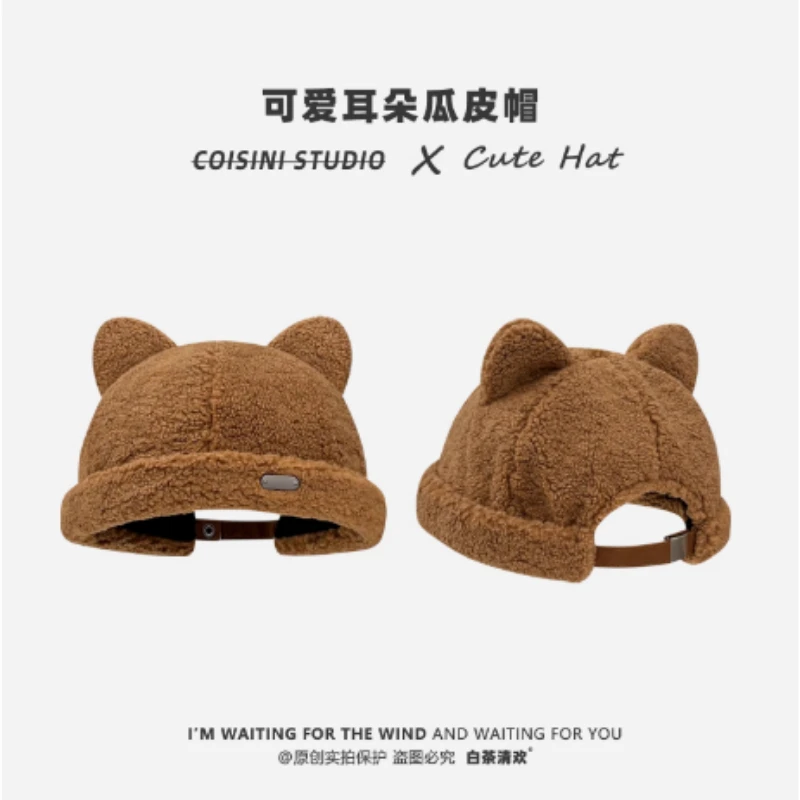 

Японская кепка из кошачьих ушей с кошачьими ушками из дыни для мужчин и женщин, зимняя теплая и милая регулируемая шляпа владельца на открытом воздухе с круглым верхом