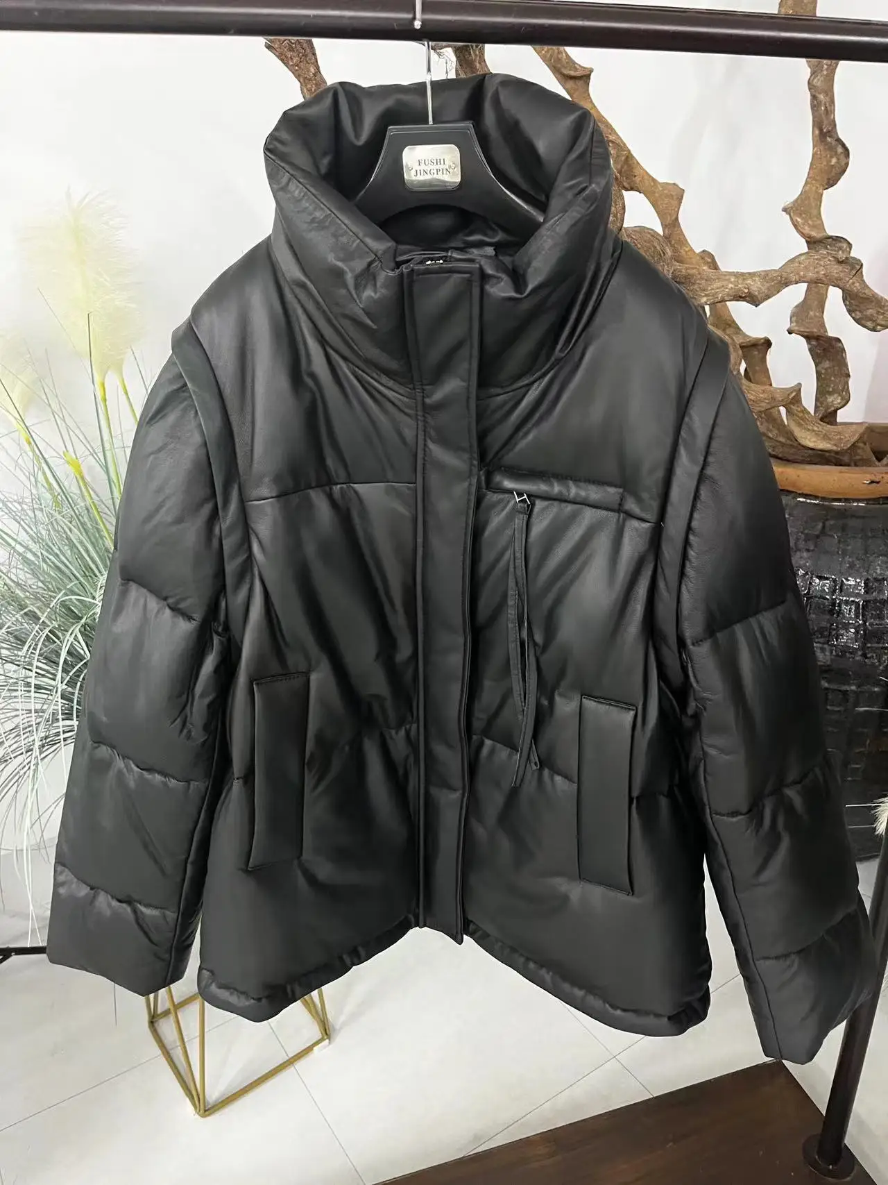 loose light real and natural sheepskin goose down women coat with standing collar warm and thick short black winter coat for lad